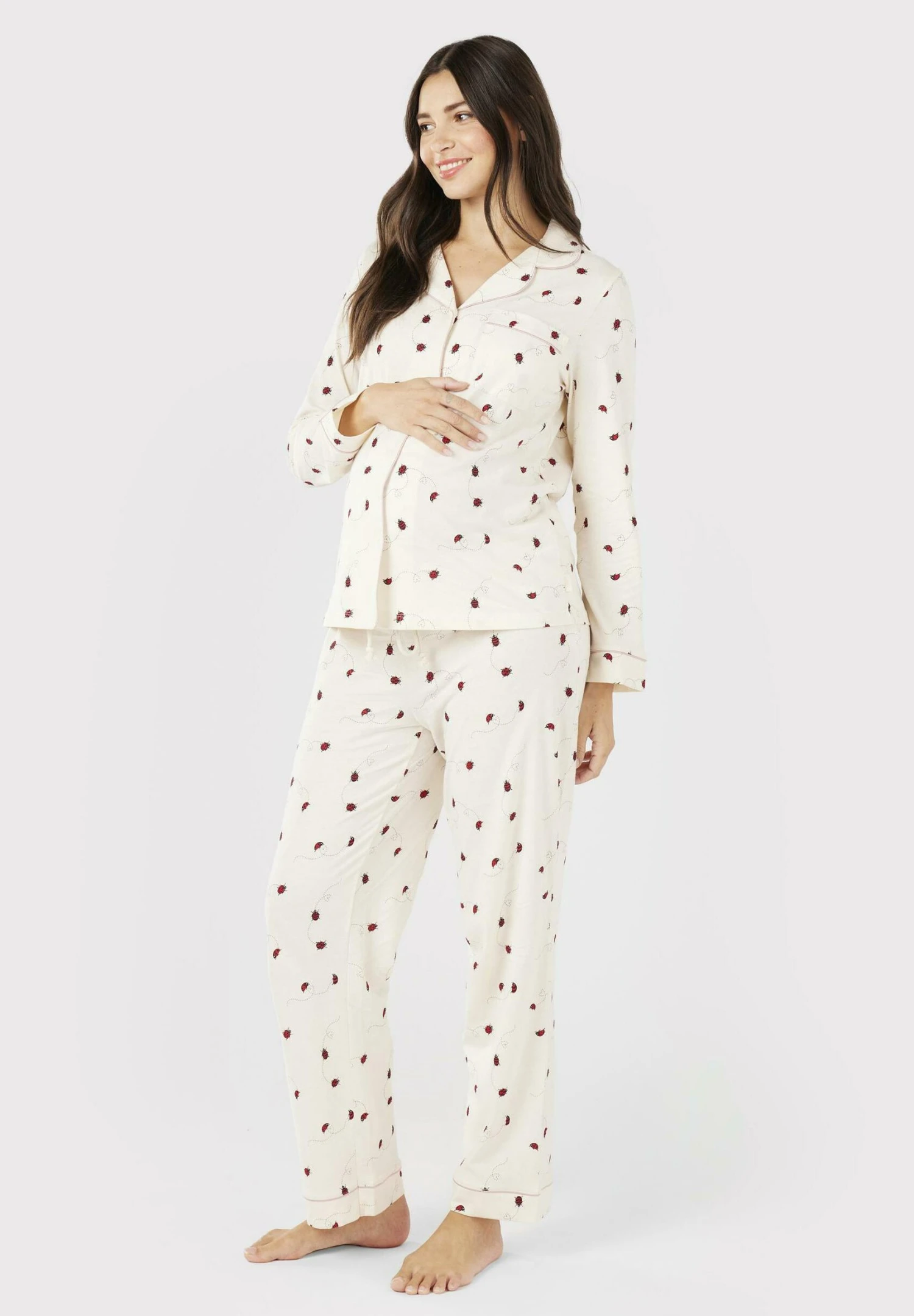 Cream Ladybird HeartButton Up Long - Pijama - Off White