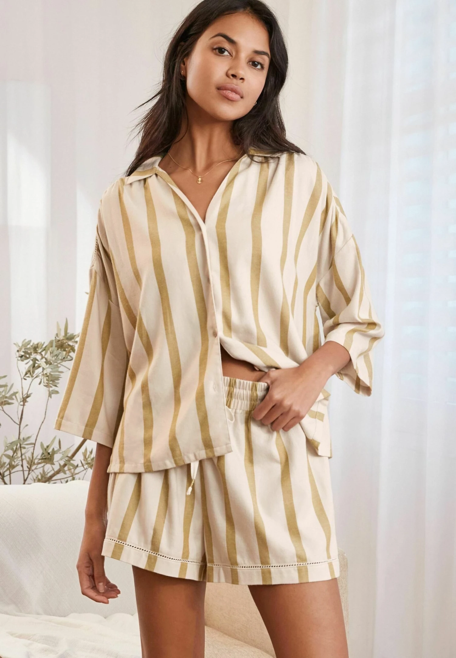 Next Woven Button Through Set Standard - Pijama - Green Stripe - Imagen 2