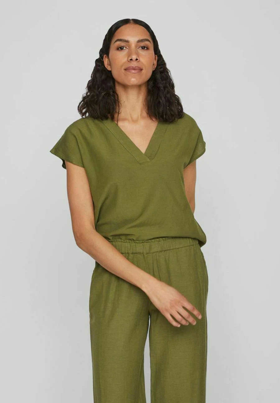Vila Mit V-Ausschnitt Kurzärmeliges - Blusa - Calliste Green