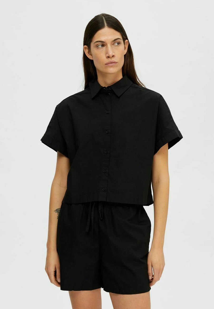 Selected Femme Kurzarm Cropped - Camisa - Black