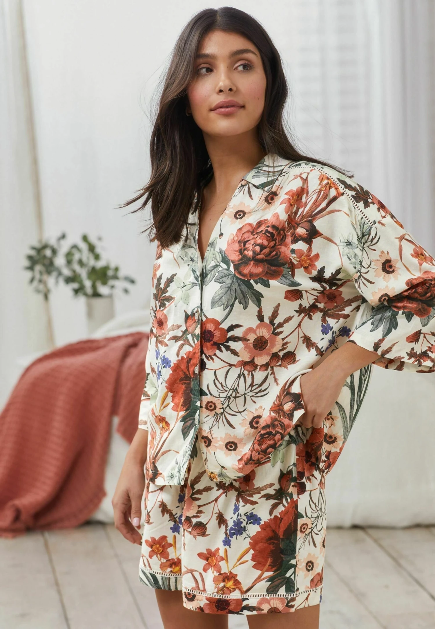 Next Blend Button Through Set - Pijama - Cream Floral