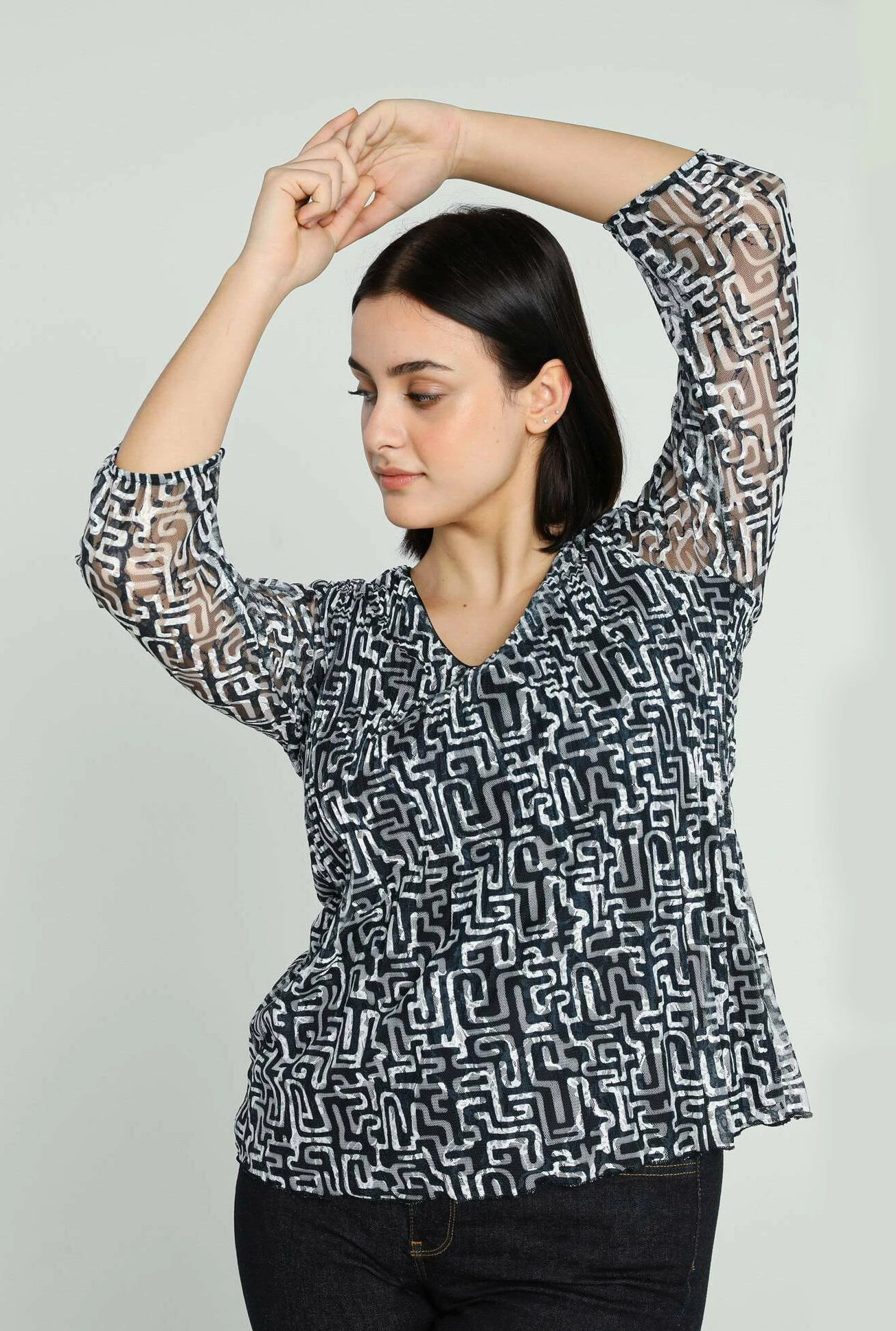 Avec Dentelle À Motif Graphique - Blusa - Navy Ecru - Imagen 7