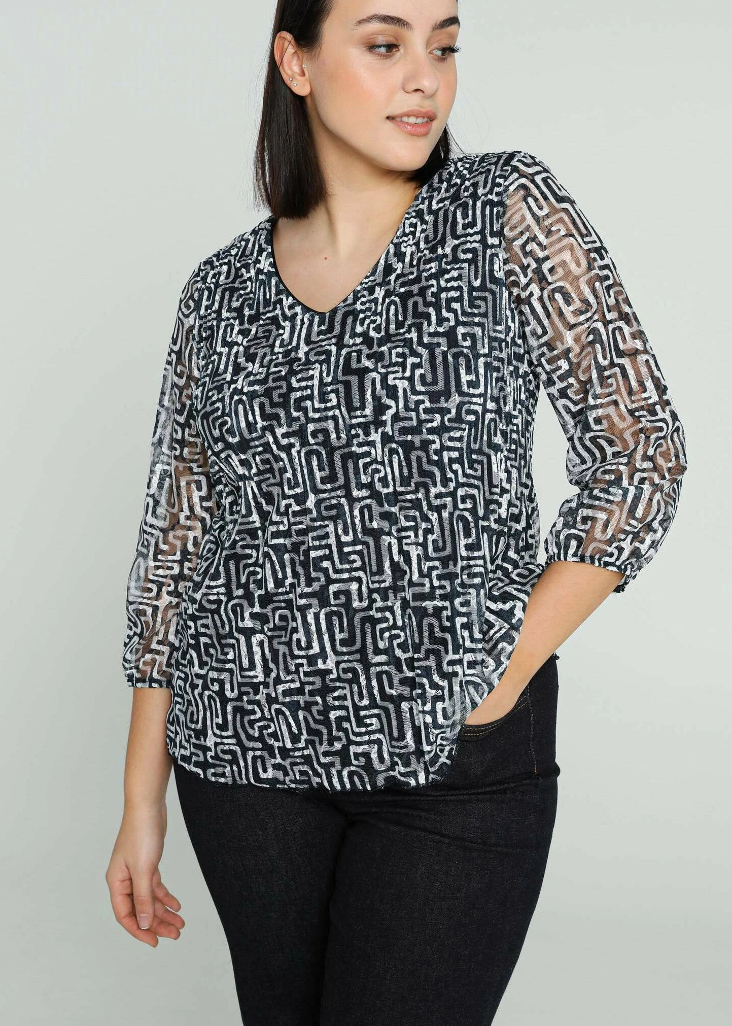 Avec Dentelle À Motif Graphique - Blusa - Navy Ecru